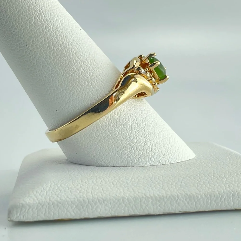 Jade & Clear Stones Gold Plated Ring, Unisex, Nephrite Jade Cabochon